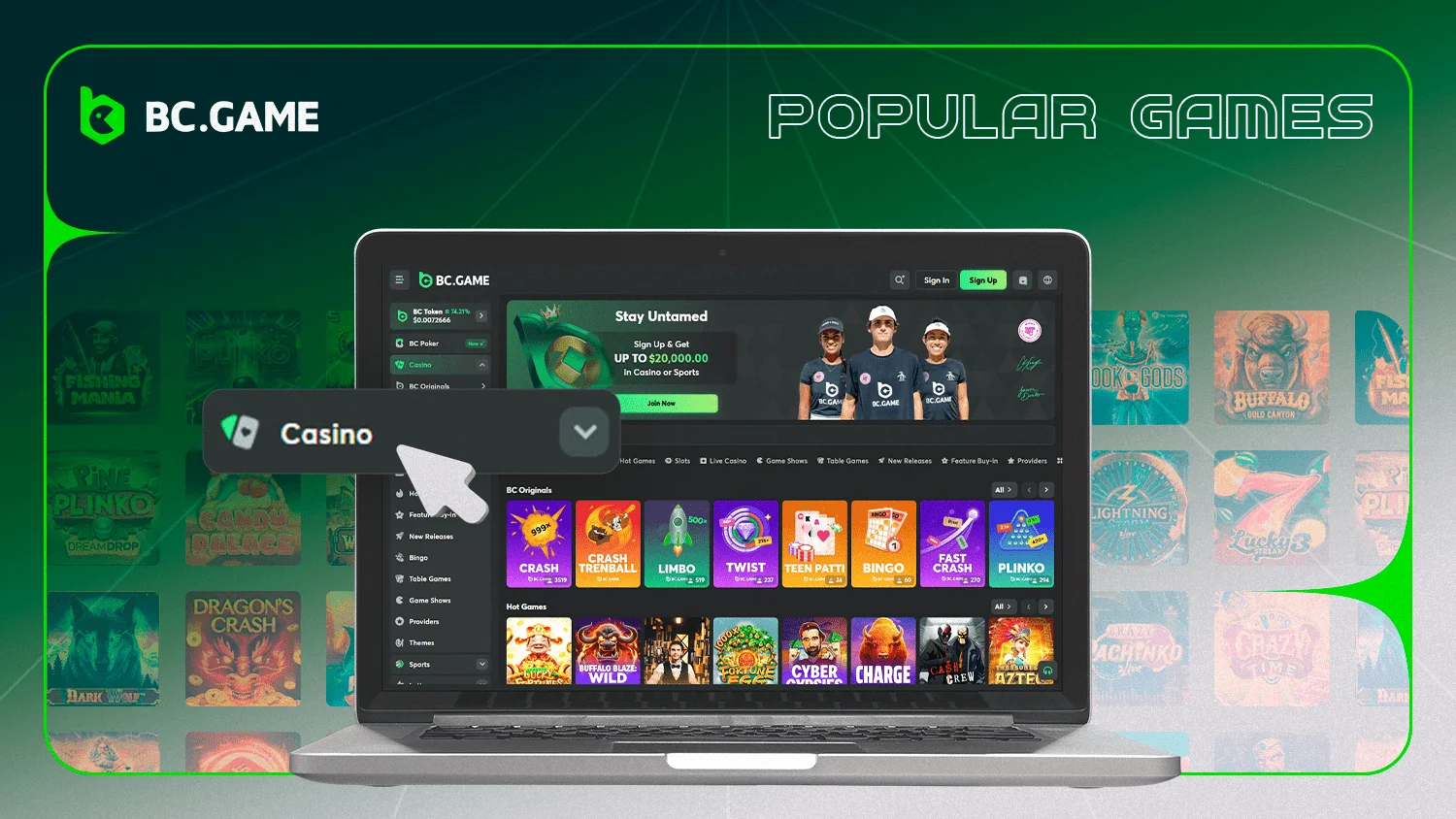 To play the BC Game, go to the Casino section